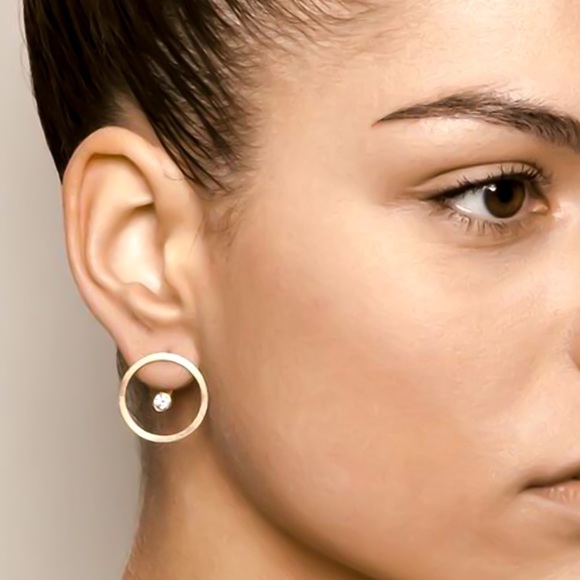 Floating CZ Gold Hollow Circle Stud Earrings - Picture 2 of 8